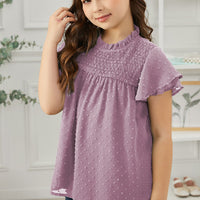 Girls Swiss Dot Smocked Flutter Sleeve Blouse