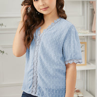 Girls Swiss Dot Spliced Lace Blouse