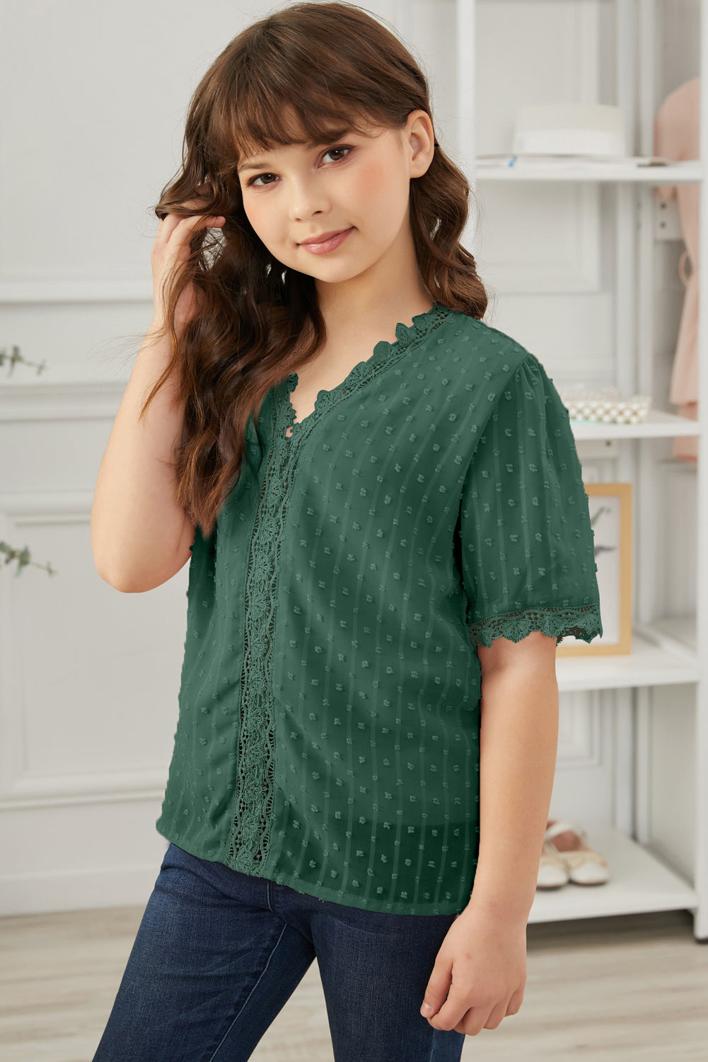 Girls Swiss Dot Spliced Lace Blouse