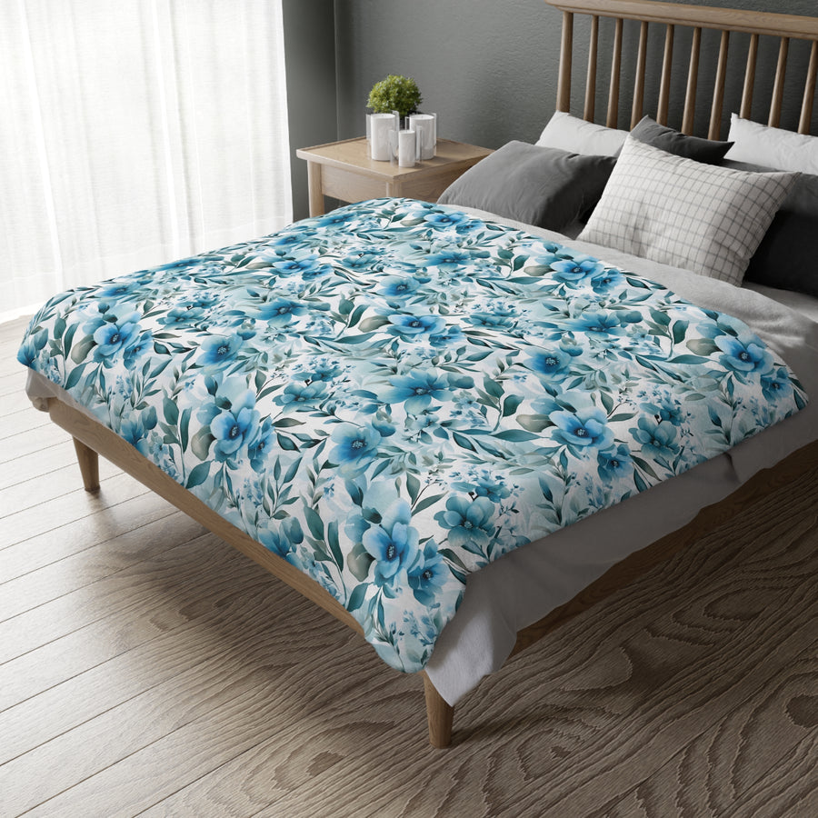 Floral Blue Velveteen Reversible Blanket