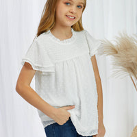 Girls Swiss Dot Smocked Flutter Sleeve Blouse