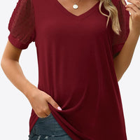 Swiss Dot Puff Sleeve V-Neck Tee