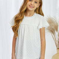 Girls Swiss Dot Smocked Flutter Sleeve Blouse