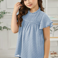 Girls Swiss Dot Smocked Flutter Sleeve Blouse