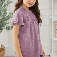 Girls Swiss Dot Smocked Flutter Sleeve Blouse