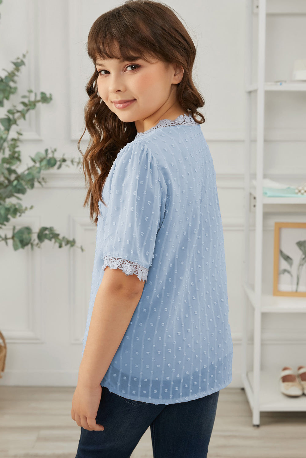 Girls Swiss Dot Spliced Lace Blouse