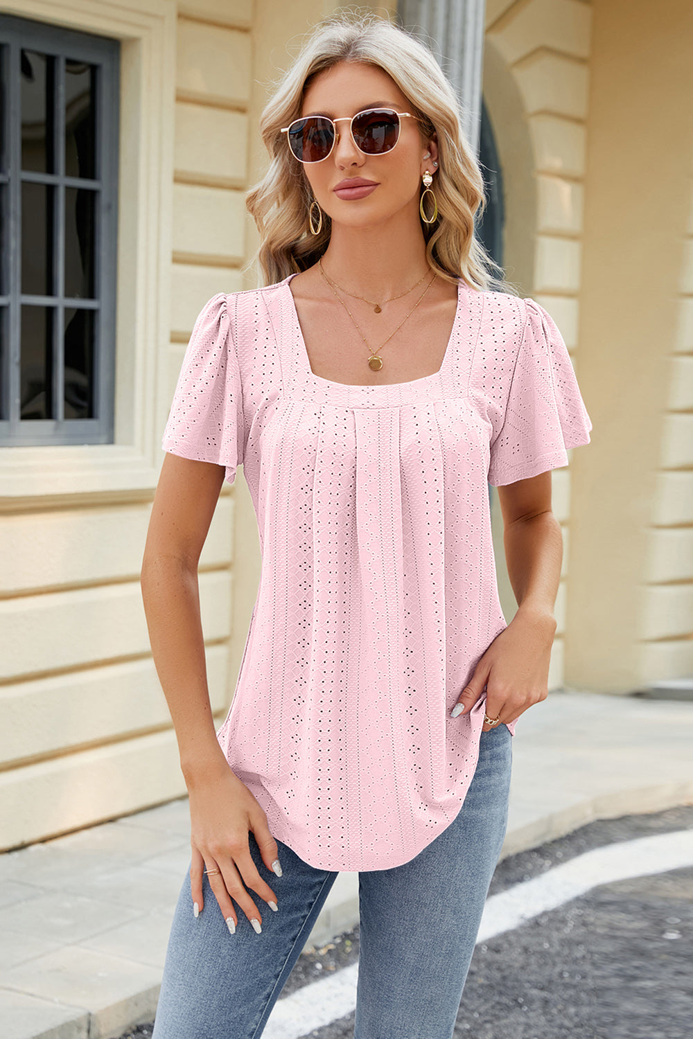 Eyelet Square Neck Short Sleeve T-Shirt