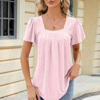 Eyelet Square Neck Short Sleeve T-Shirt