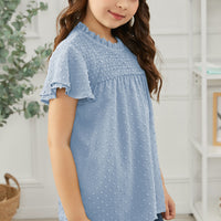 Girls Swiss Dot Smocked Flutter Sleeve Blouse