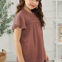 Girls Swiss Dot Smocked Flutter Sleeve Blouse