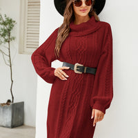 Woven Right Mixed Knit Turtleneck Lantern Sleeve Sweater Dress