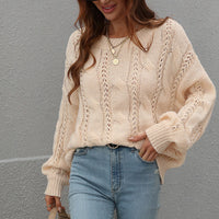 Woven Right Cable-Knit Openwork Round Neck Sweater