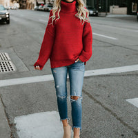 Turtleneck Dropped Shoulder Slit Sweater