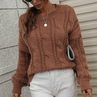 Woven Right Cable-Knit Openwork Round Neck Sweater