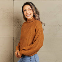 Woven Right Turtleneck Dropped Shoulder Rib-Knit Sweater