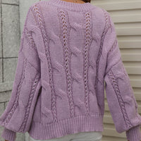 Woven Right Cable-Knit Openwork Round Neck Sweater