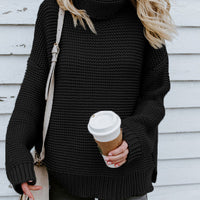 Turtleneck Dropped Shoulder Slit Sweater