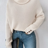 Woven Right Decorative Button Turtleneck Dropped Shoulder Sweater